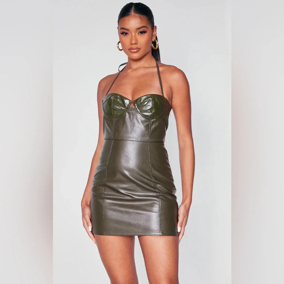Pretty Little Thing Dark Khaki PU Cup Detail Halterneck Bodycon Dress - Picture 1 of 5